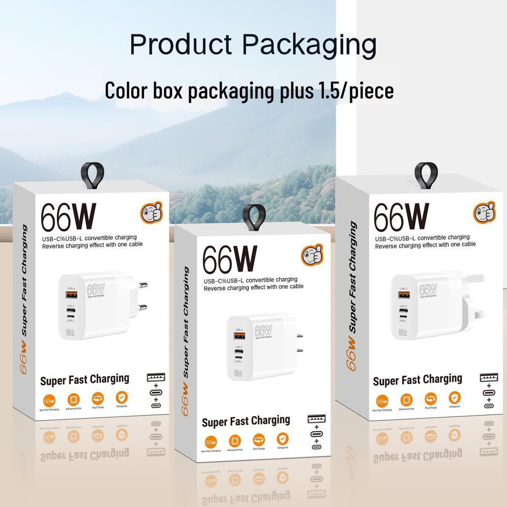 66W Ultra-Fast Charging Adapter with EU/US/UK Plug for Apple, Huawei, Xiaomi Phones