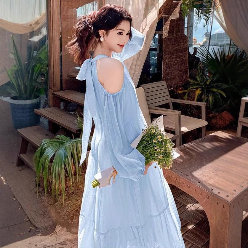 Seaside vacation dress women's summer new sweet gentle wind French temperament beautiful off-the-shoulder beach dress