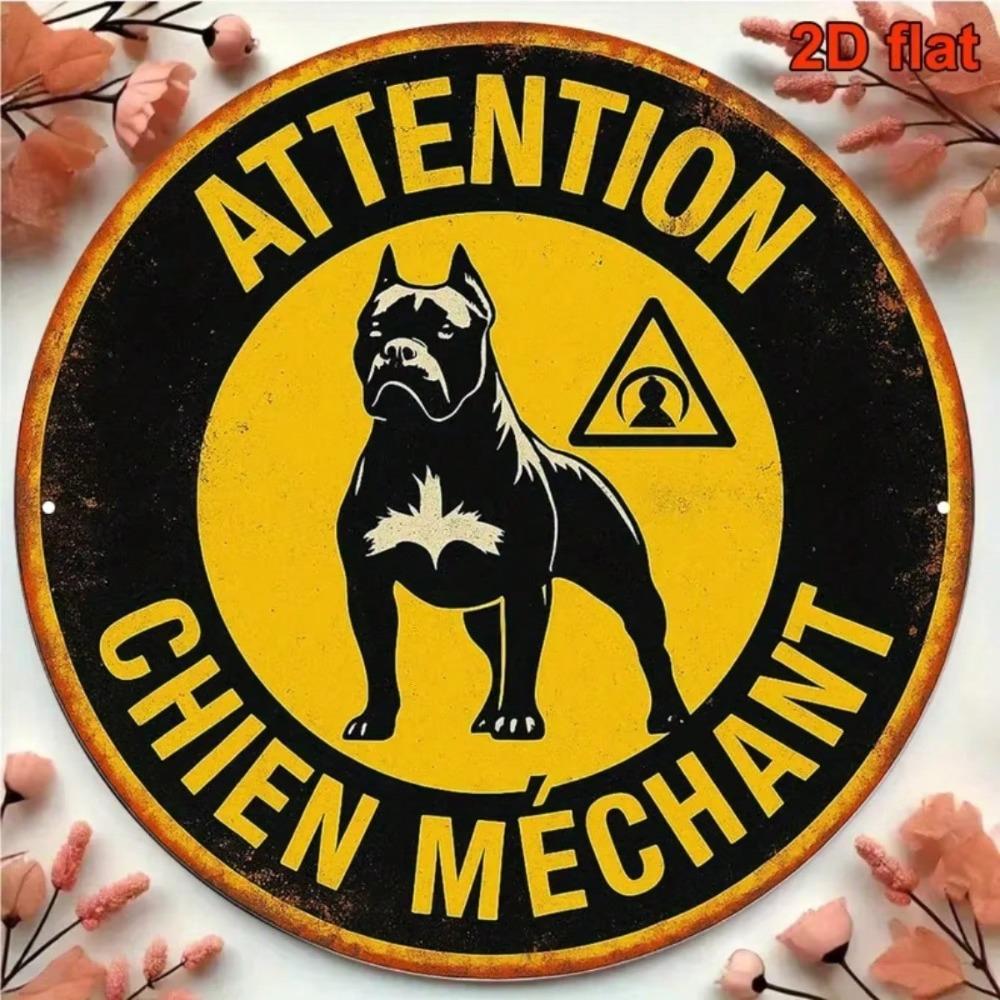 Vintage Beware Of Dog Retro French Caution Aluminum Round Wall Decor Porch Office Cafe