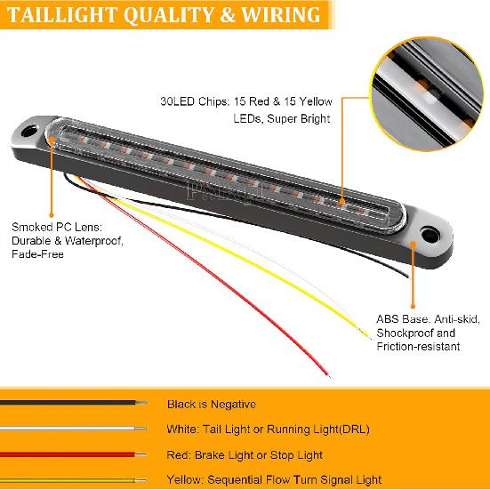 PSEQT 10" LED Trailer Tail Light Bar Brake Stop Turn Signal Lights Assembly Identification Red & Amber Sequential Strobe Strip Lamp w/Smoked Lens