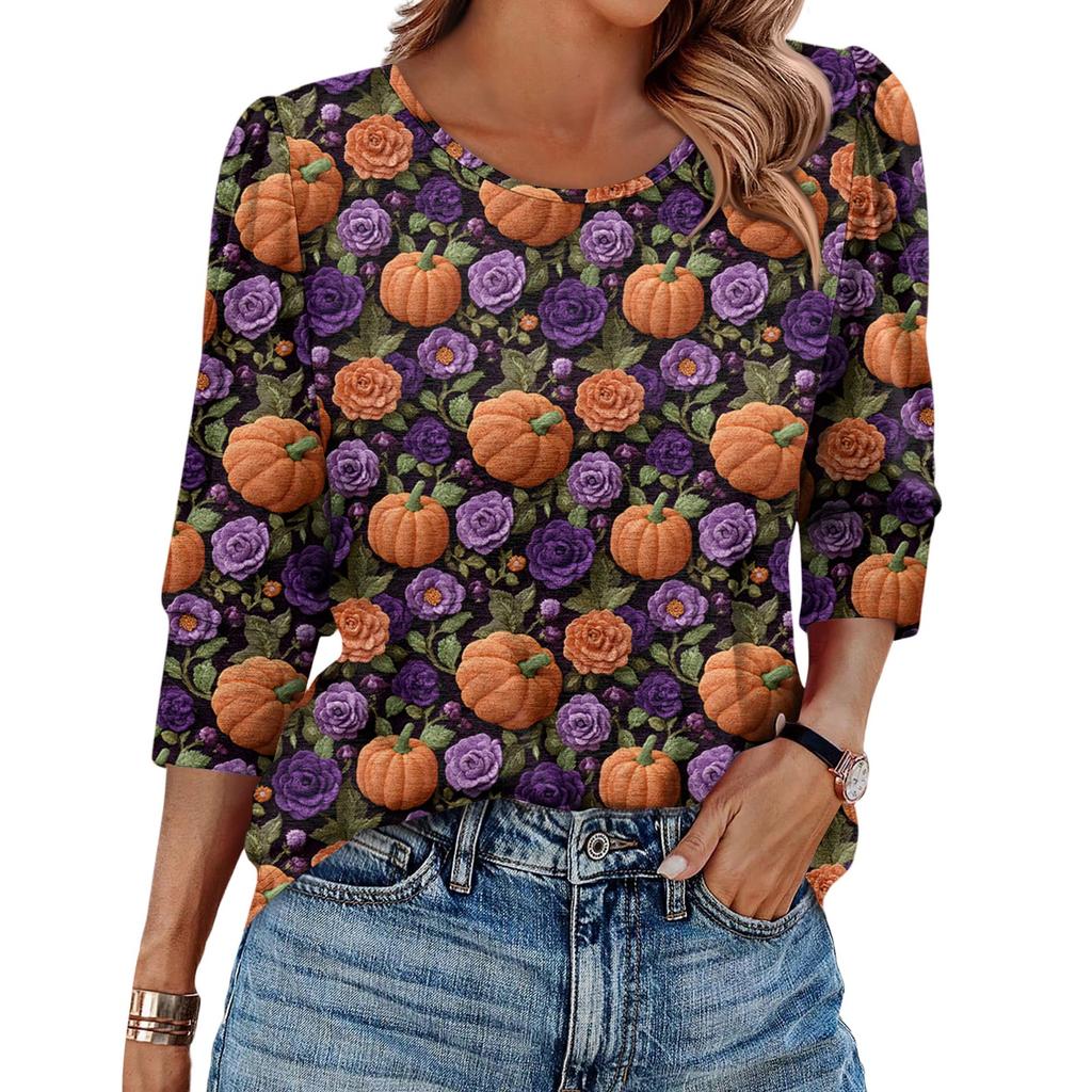 Women's Fashionable Casual Round Neck Seven Quarter Sleeve Halloween Printed Bubble Sleeve Top