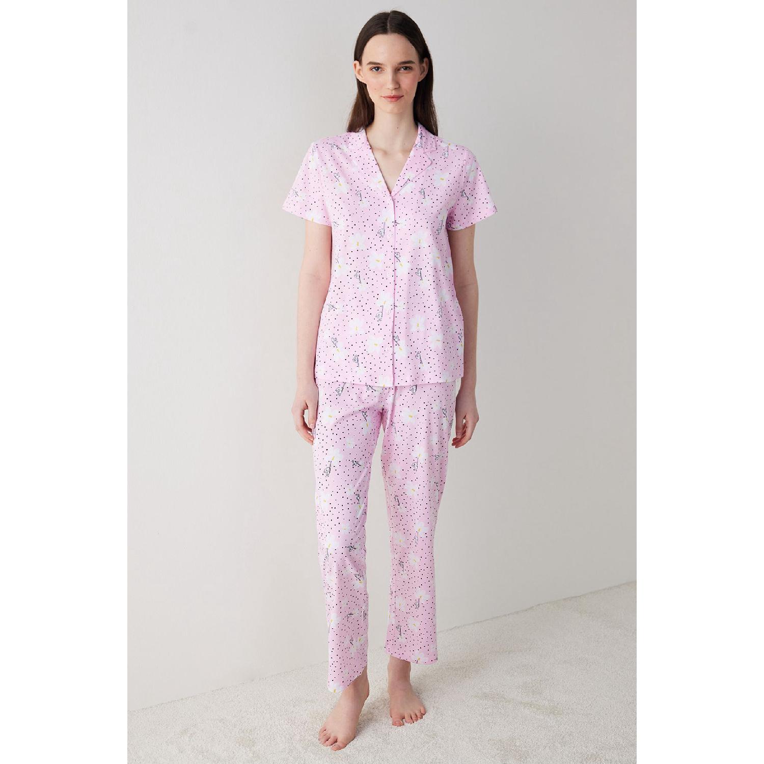 

Flora Pink Shirt Pants Pajama Set XS рожевий