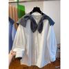 Navy Collar Patchwork Shirt for Women New Loose Fashionable Blue Long Sleeved Tops Female's Chic Single Breasted Shirts