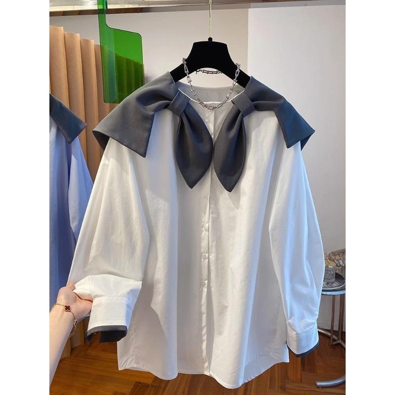 Navy Collar Patchwork Shirt for Women New Loose Fashionable Blue Long Sleeved Tops Female's Chic Single Breasted Shirts