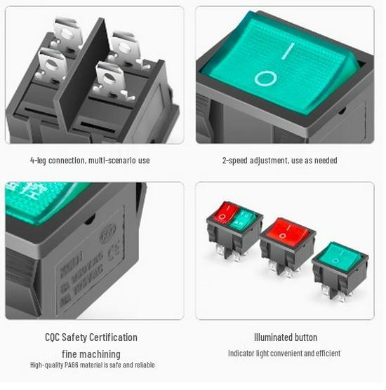 KCD5 Black Rocker Switch, 4/6 Pins, 2/3-Position, Red/Green Light, Double Pole, 6A 250V.