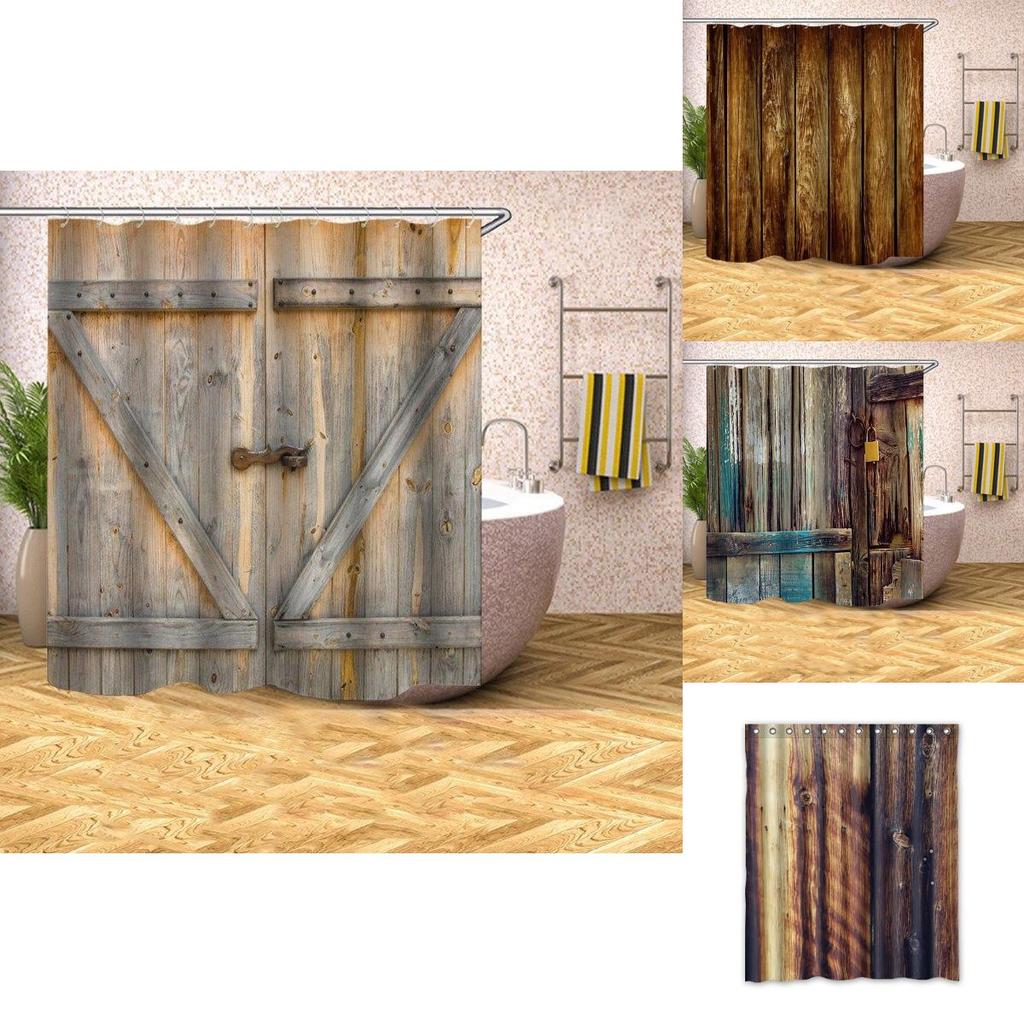 Rustic Curtain Shower Wood Barn Door Pattern Bath Curtain Waterproof Hooks With