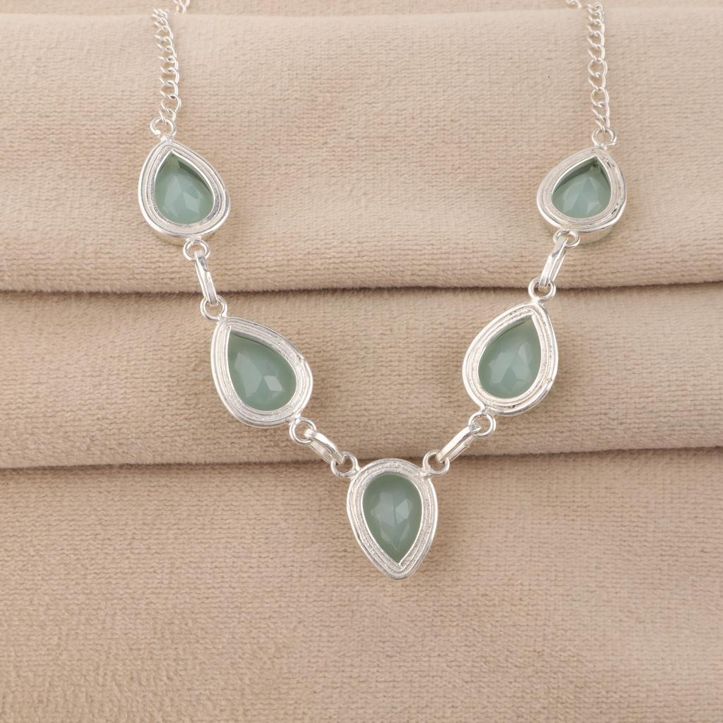 Aqua Chalcedony Gemstone Silver Necklace, 925 Sterling Silver, Statement Necklace For Wedding RN-1-20