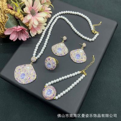 Elegant French Vintage Pearl Crushed Stone Jewelry Set Women Necklace Earrings Bracelet Ring In Sweet Pastel Tones
