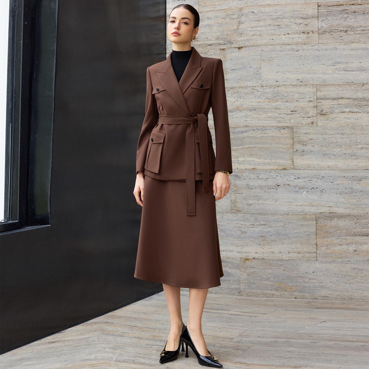 Coffee Wool Long-Sleeved Women s Suit Set - Elegant Autumn/Winter Workwear Fashion L