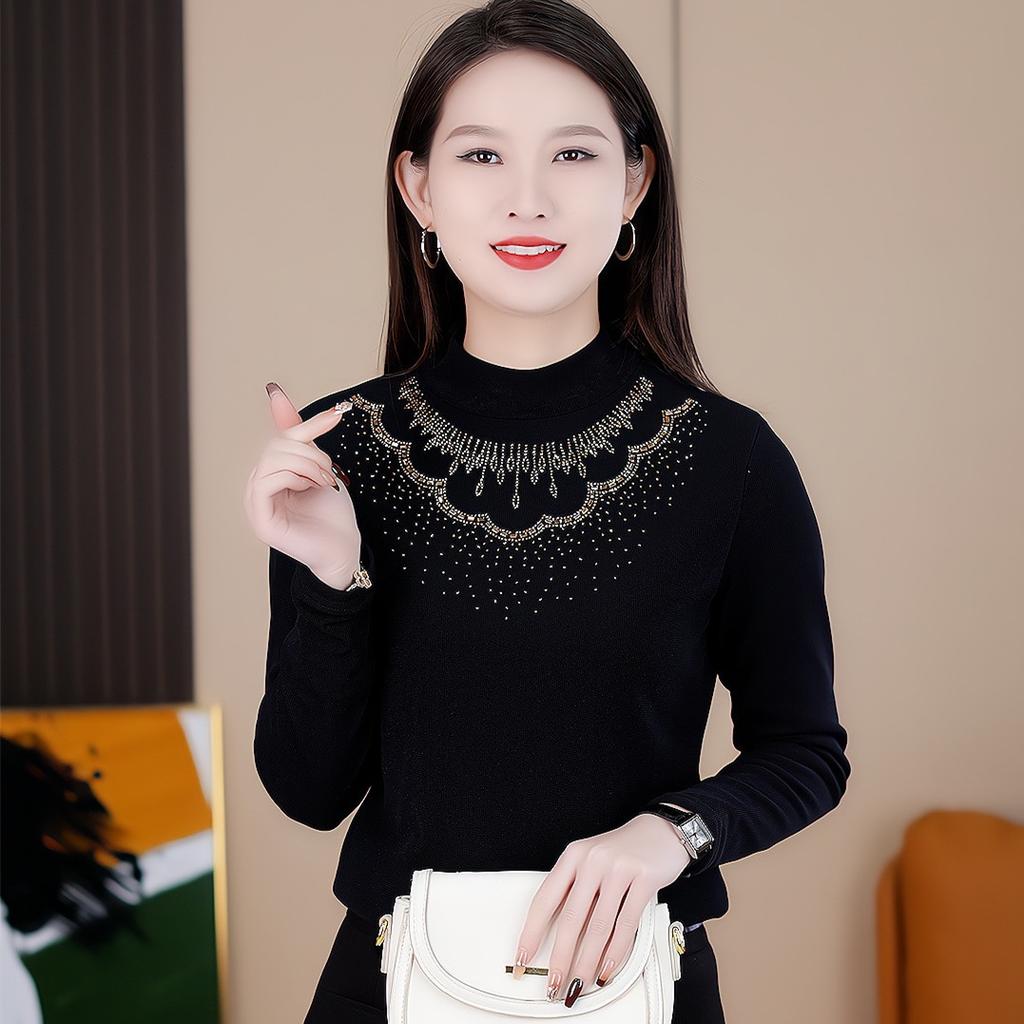 Spring Fashionable Slim-fitting Base Shirt Black Half-high Neck Versatile Top Temperament Solid Color Long-sleeved T-shirt