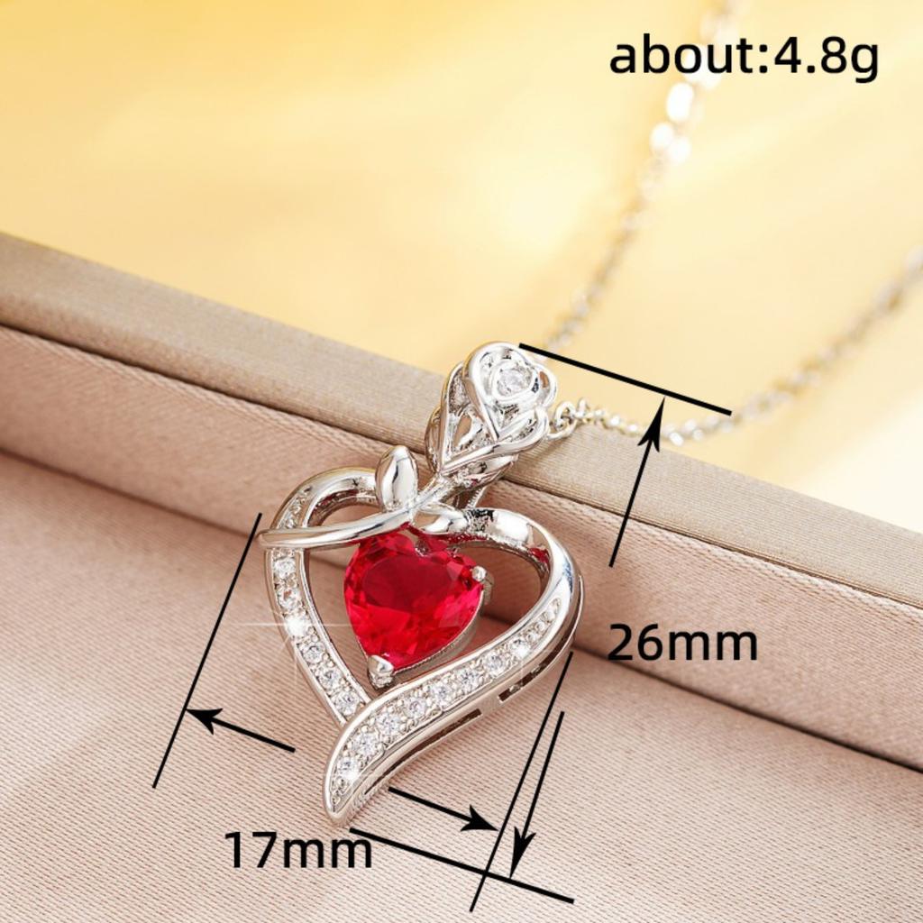 Women Red Heart Stone Pendant Necklace with Rose and Sparkling Accents Elegant Romantic Jewelry