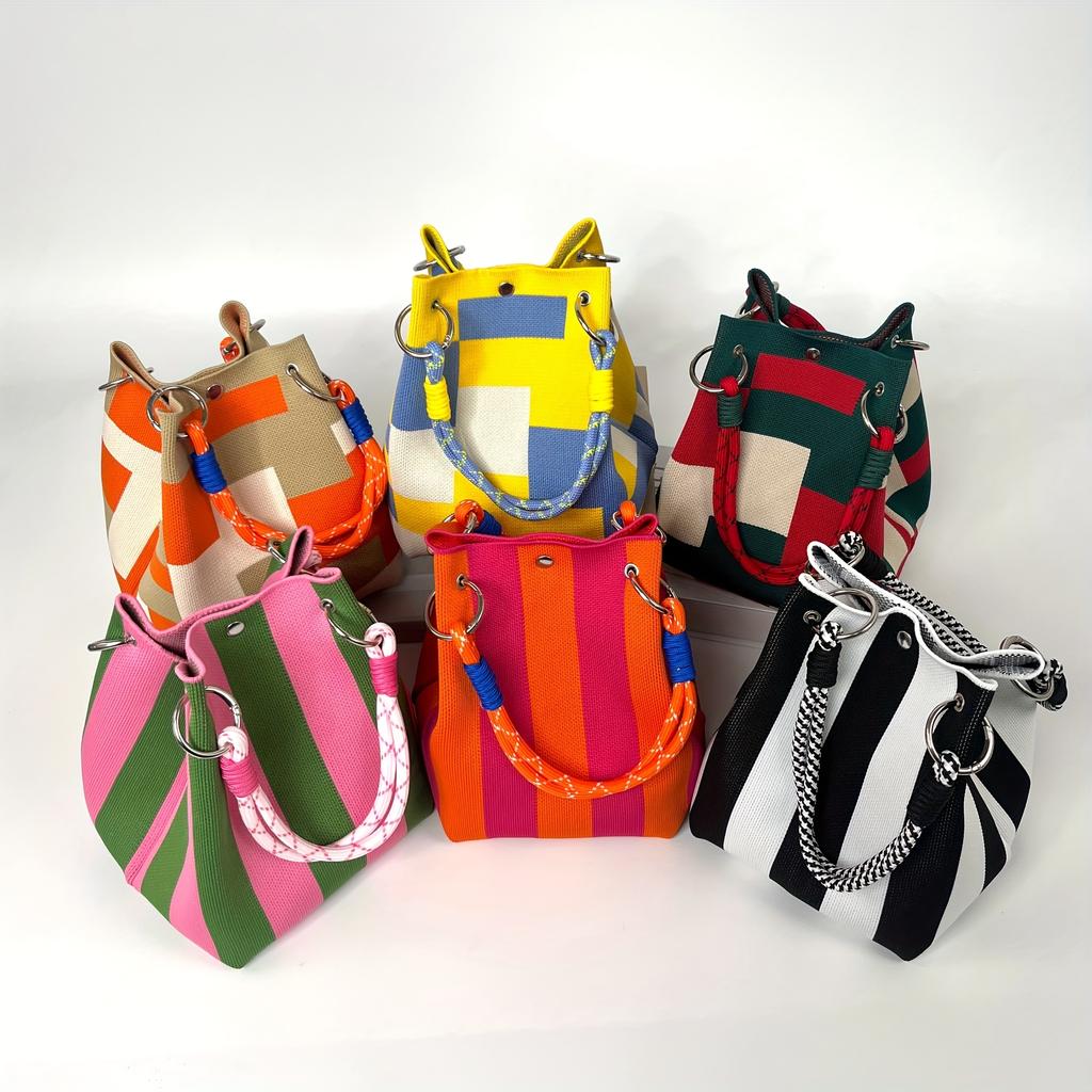 Vintage Multicolor Retro Handbag - Large Capacity Tote Bag with Buckle Closure & Fixed Strap, Striped Pattern, Durable for Work