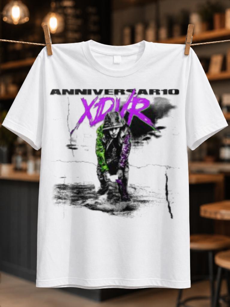 Anniversario Xdvr Purple Graffiti Lettering Over Green Portrait And Distressed Urban Anniversary Unisex All Tshirt