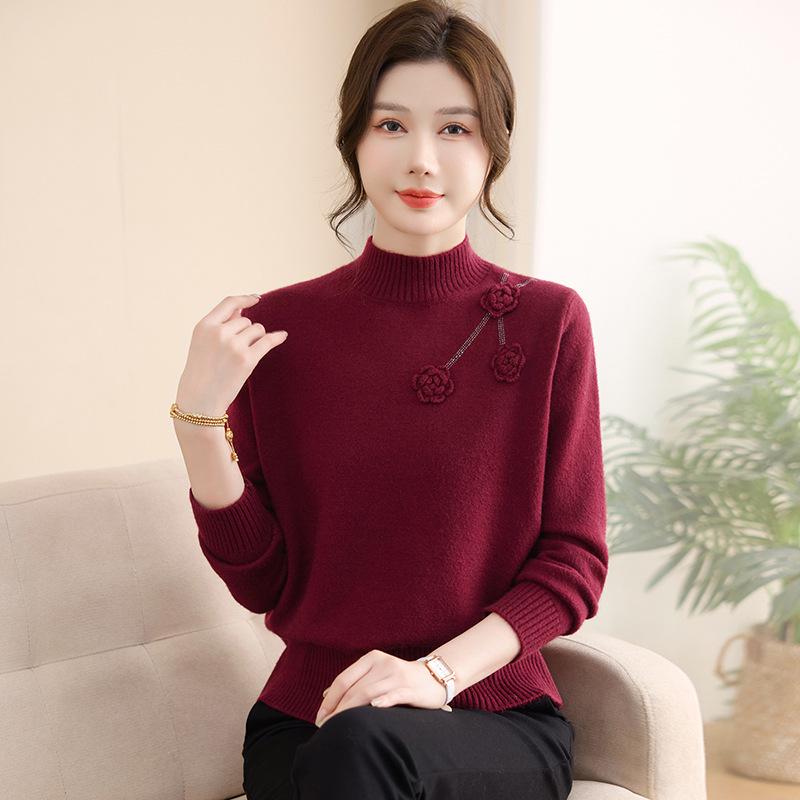 Mom's Winter Cozy Knit Half-High Collar Sweater for Middle-Aged & Elderly Women - Stylish & Warm Base Layer