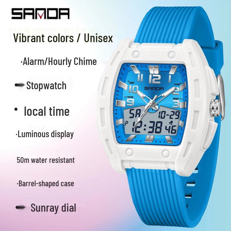 SANDA Men's Waterproof Luminous Sports Watch - Countdown & Multifunctional Barrel-Shaped Electronic Watch with Large Dial