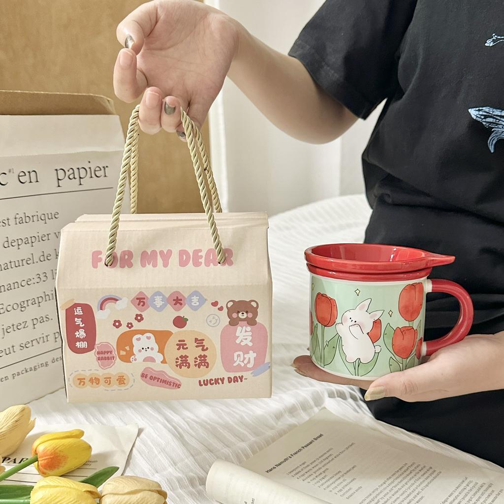 Mug with Lid High Value Ins Fengshui Cup for Girls Cute Home Breakfast Cup Ceramic Cup Souvenir Gift