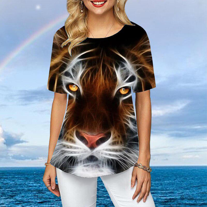 Kvinner Plus Size T-skjorter for kvinner med korte ermer Fargerike Tiger 3d-trykk Løse fritidsoverdeler Uregelmessige sommerklær kvinner