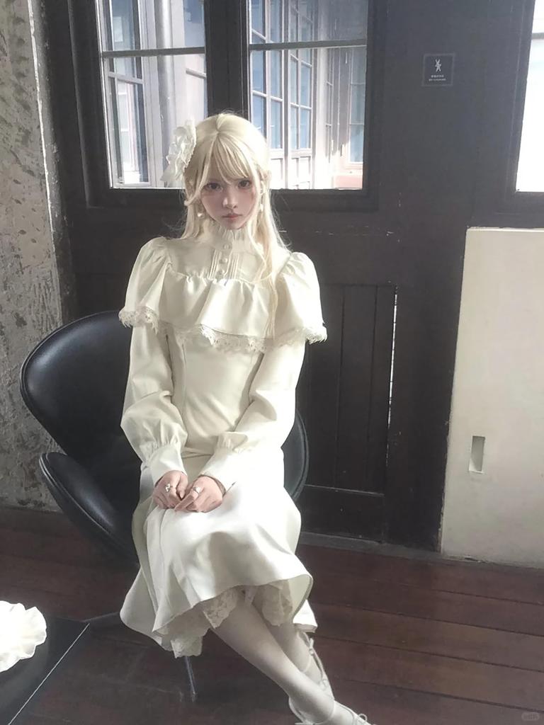 Gothic Lolita Dress with Neat and Clean Flared Lace and Feminine Solid Long Size S [XHSUKADO] Women's Cape, Long, Mass-Produced Style, Skirt, Ruffles,