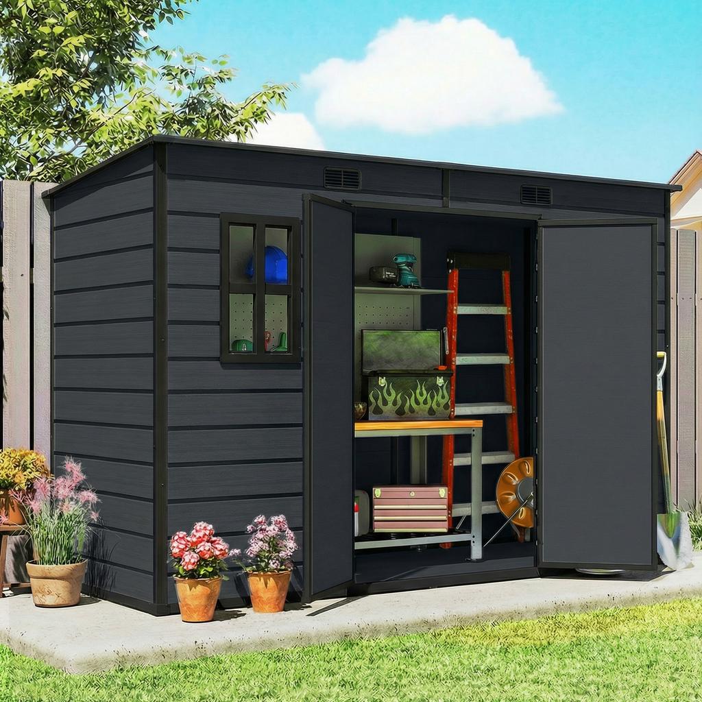 10 X 4 Ft Resin Garden Shed, Outdoor Storage Shed with Floor, Windows, Lockable Doors and Vents, Dark Grey