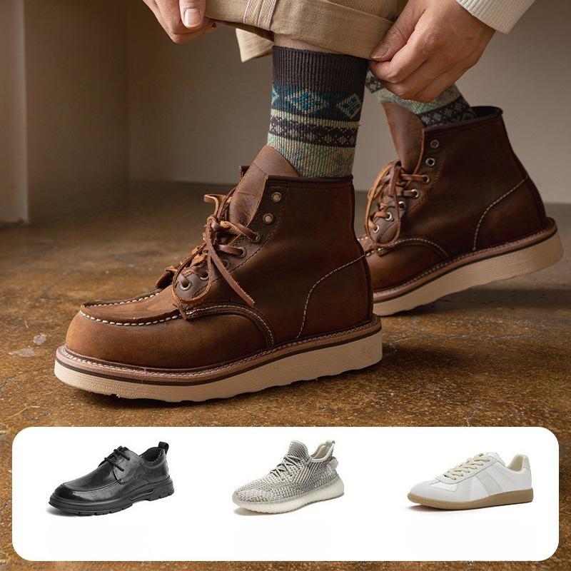 5 Pairs Men Mid Calf Cotton Socks Double Needle Retro Ethnic Pattern Warm Autumn Winter Sweat Wicking Deodorant Crew Socks
