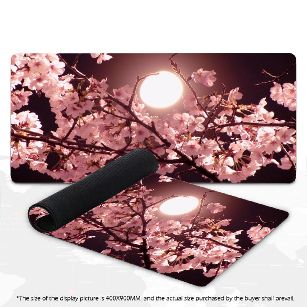 Large XXL Mousepad Cherry Blossom Falling Petals Full Moon Art Deskpad Overlock Stitched Non‑Slip Rubber Keyboard Mouse Mats