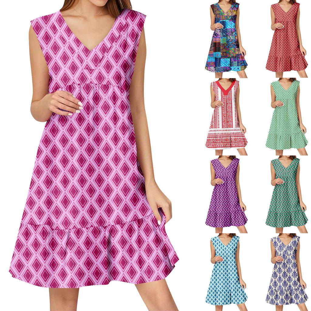 Womens Summer Dress Sleeveless V Neck Printing Short Dresses Fashion Casual Flowy Boho Ruffle A Line Swing Sundress