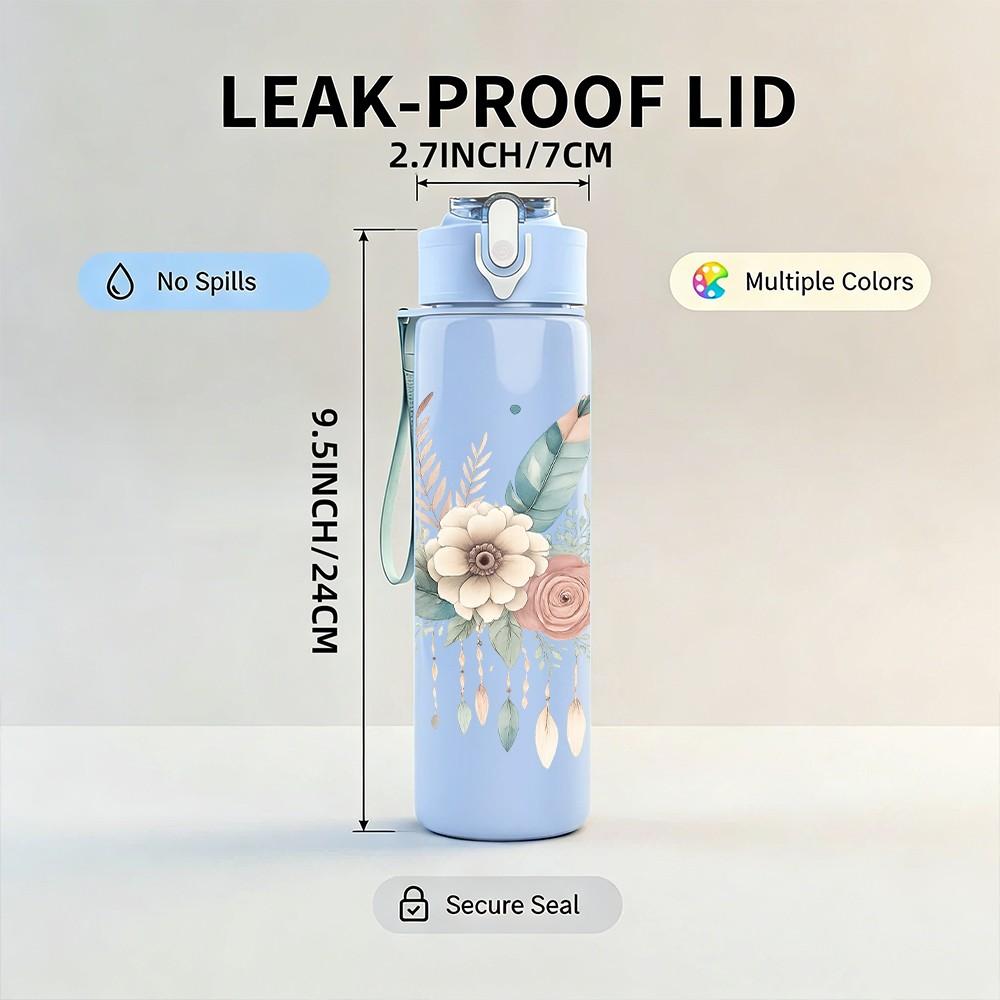 1PC Neutral Wildflower Bouquet 750ml Color Plastic Sports Water Bottle Leakproof Flip Straw Lid Suitable for Sports Office Home Use