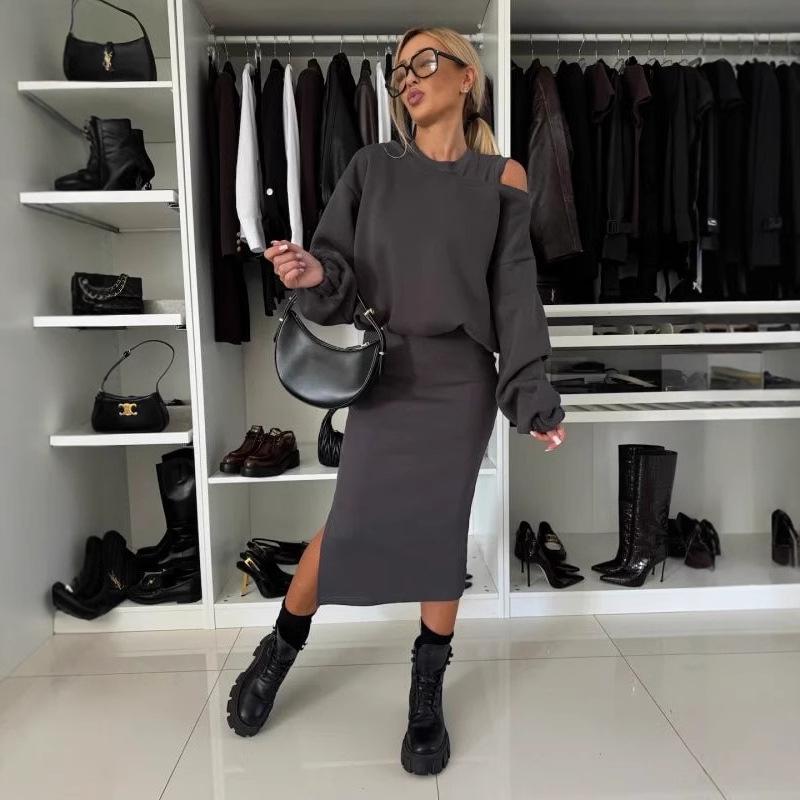 Damen Lockeres Einseitiges Fledermausärmel-Sweatshirt und Langkleid-Set