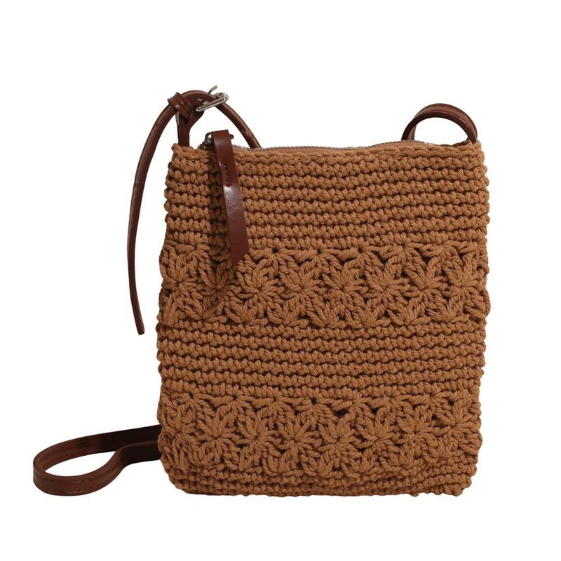 2025 wax rope woven bag hollow straw bag vacation style fashion shoulder messenger bag small bag mobile phone beach bag women