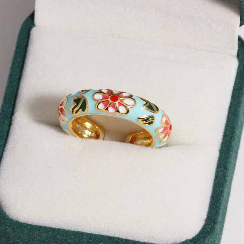 Vintage Colorful Enamel Flower Rings Trendy Geometric Female Minimalist Flower For Ladies Wedding Party Engagement Jewelry Gift