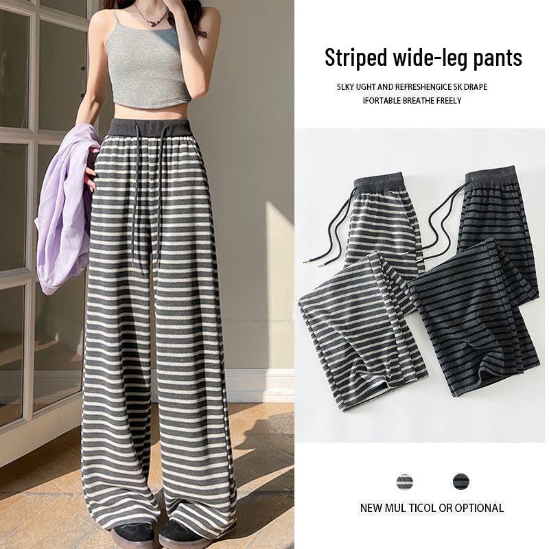 High-Waist Retro Striped Wide-Leg Pants with Drawstring - Women's Casual Floor-Length Knit for Autumn and Spring