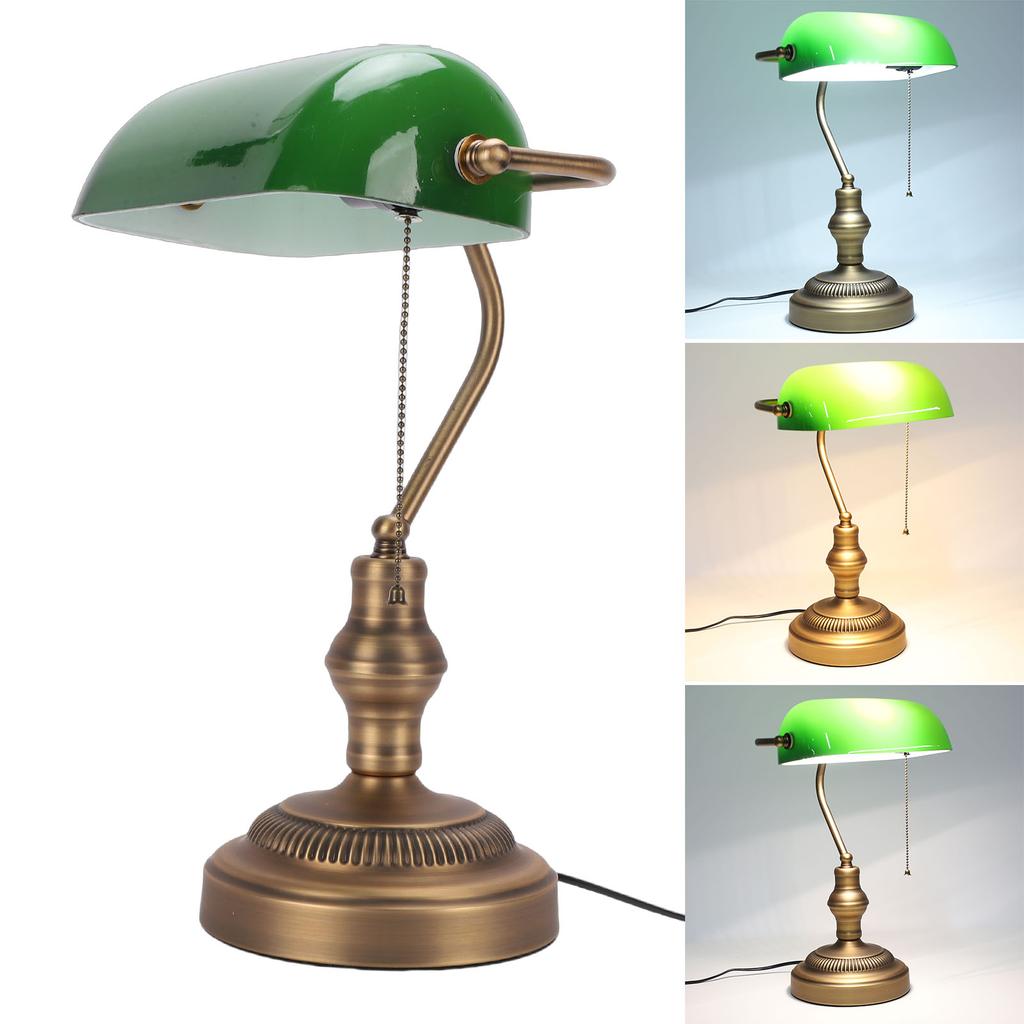 Green Glass Bankers Desk Lamp Retro Antique Library Lamp with Pull Chain Switch Plug in Fixture US Plug 110V