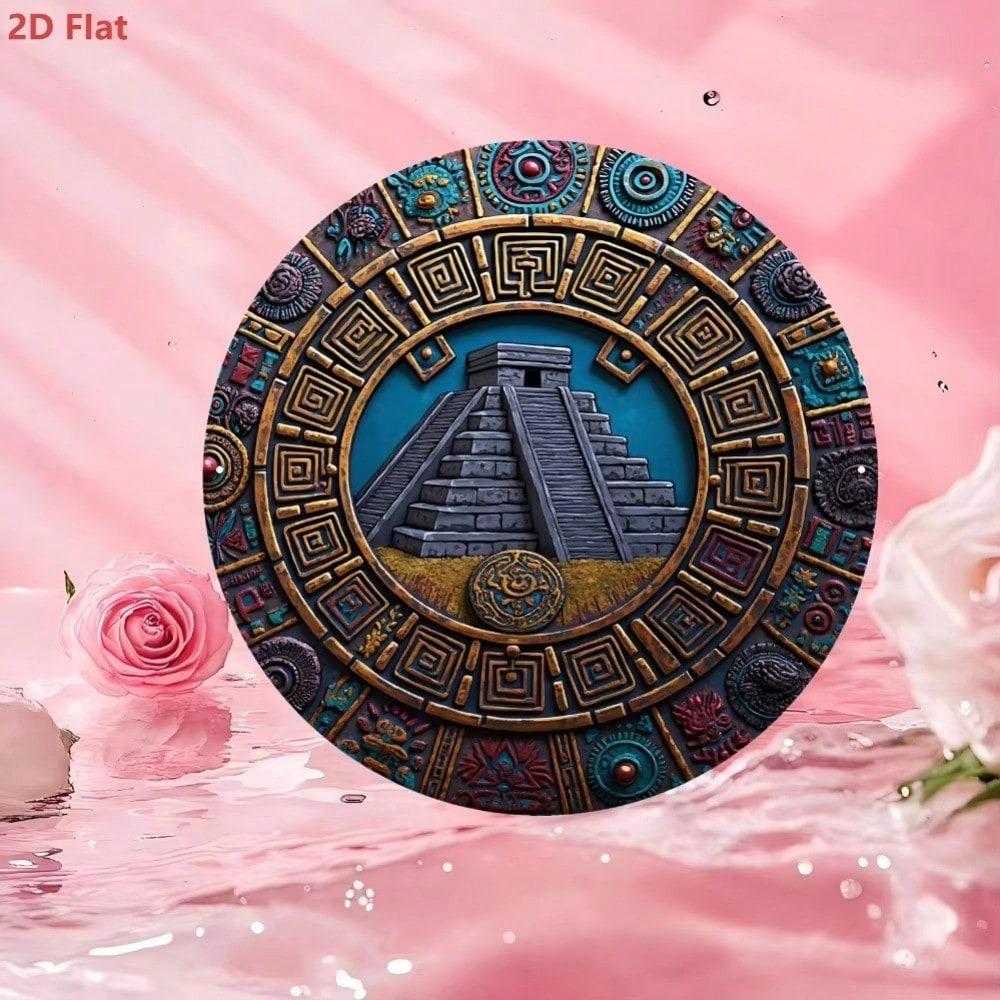 Vintage Mayan Pyramid Round Metal Sign 8x8in Exotic Wall Art Home Decor