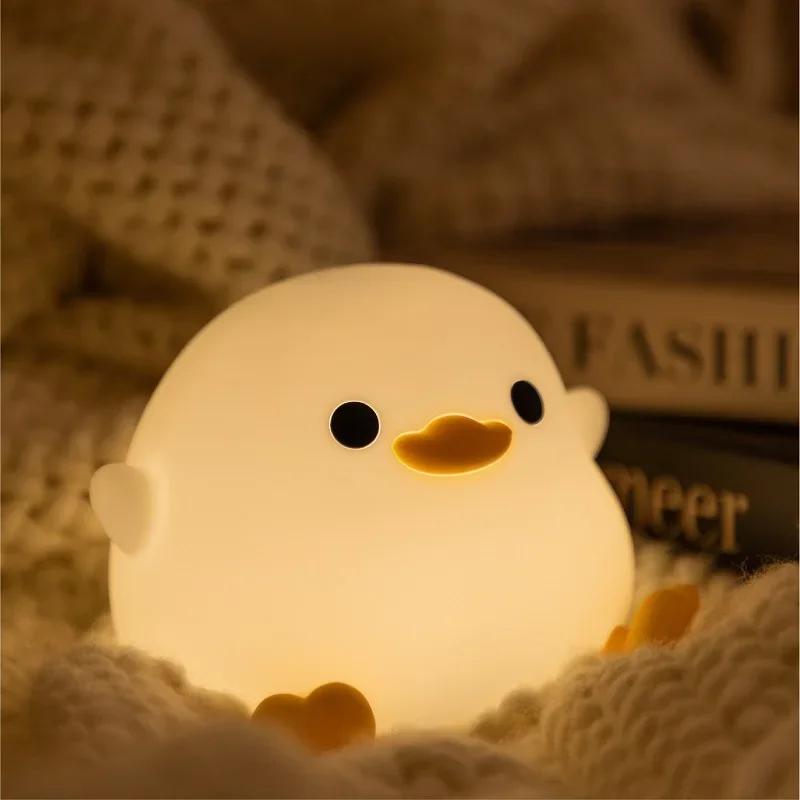 LED Night Light Cute Duck Rechargeable Cartoon Animals Decor Silicone Lamp for Children Kid Touch Sensor Timing USB for Birthday