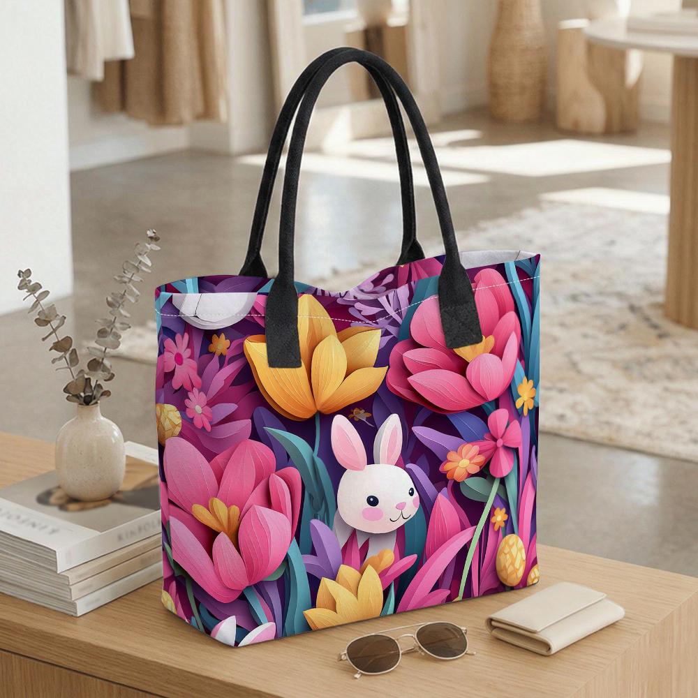 Cute Bunny Floral Pattern Tote Bag Fashion Lightweight Casual Shopping Shoulder Bag Daily Use Handbag for Women