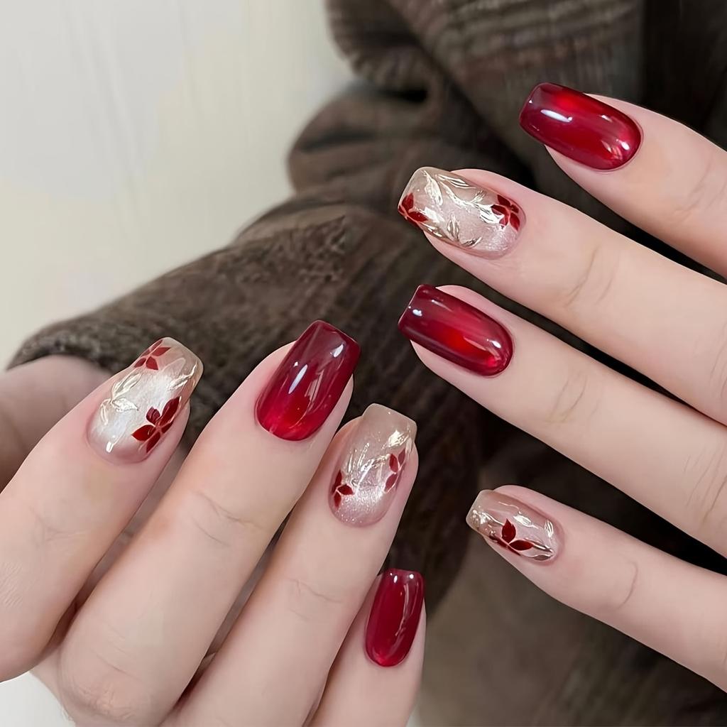 24pcs Red Floral Press on Nails Shiny Glossy Red False Nails, Sparkling Leaf Pattern Short Square Nail Art