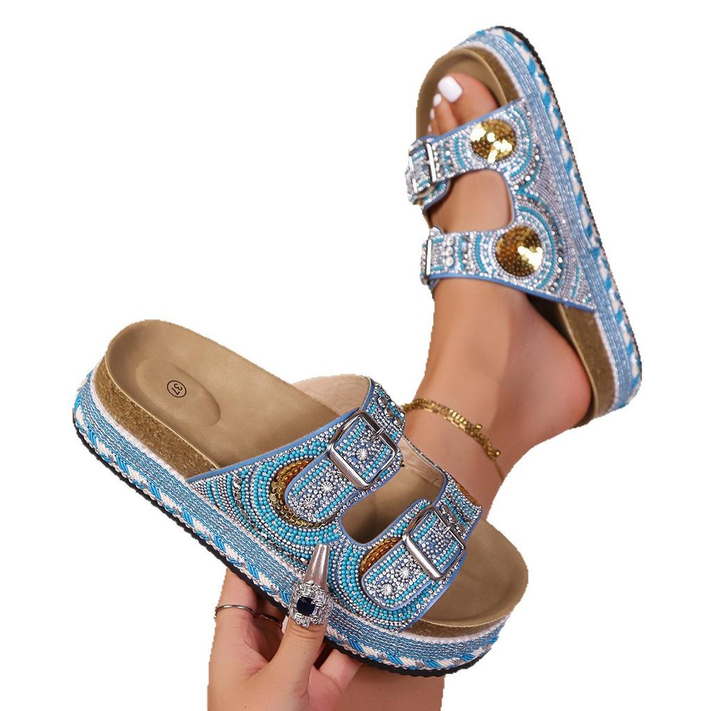 2025 Foreign Trade New Casual Hemp Rope Thick-soled Slippers Women's Summer Double Belt Buckle Rhinestone Beach Drag Large Size Slippers