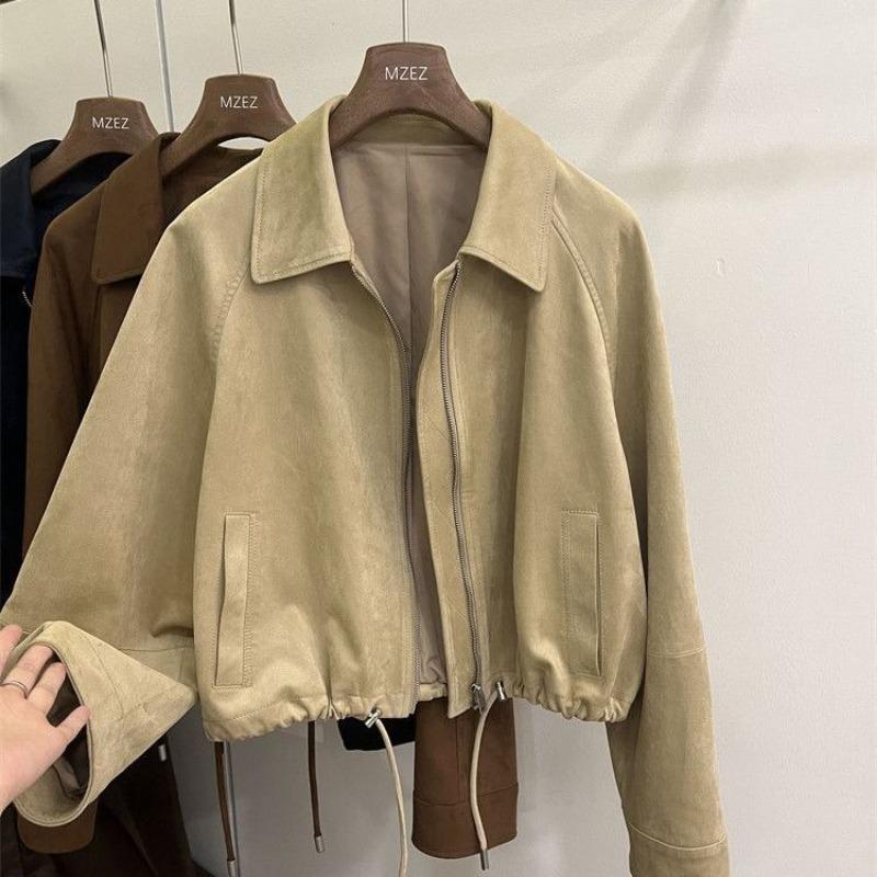 Women Cropped Suede Fabric Stand Collar Motorcycle Baseball Jacket Casual Loose Long Sleeve
