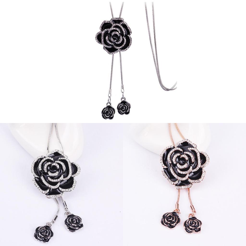 Romantic Rose Pendant Long Chain Necklace With Alloy Flower For Women Jewelry Gift