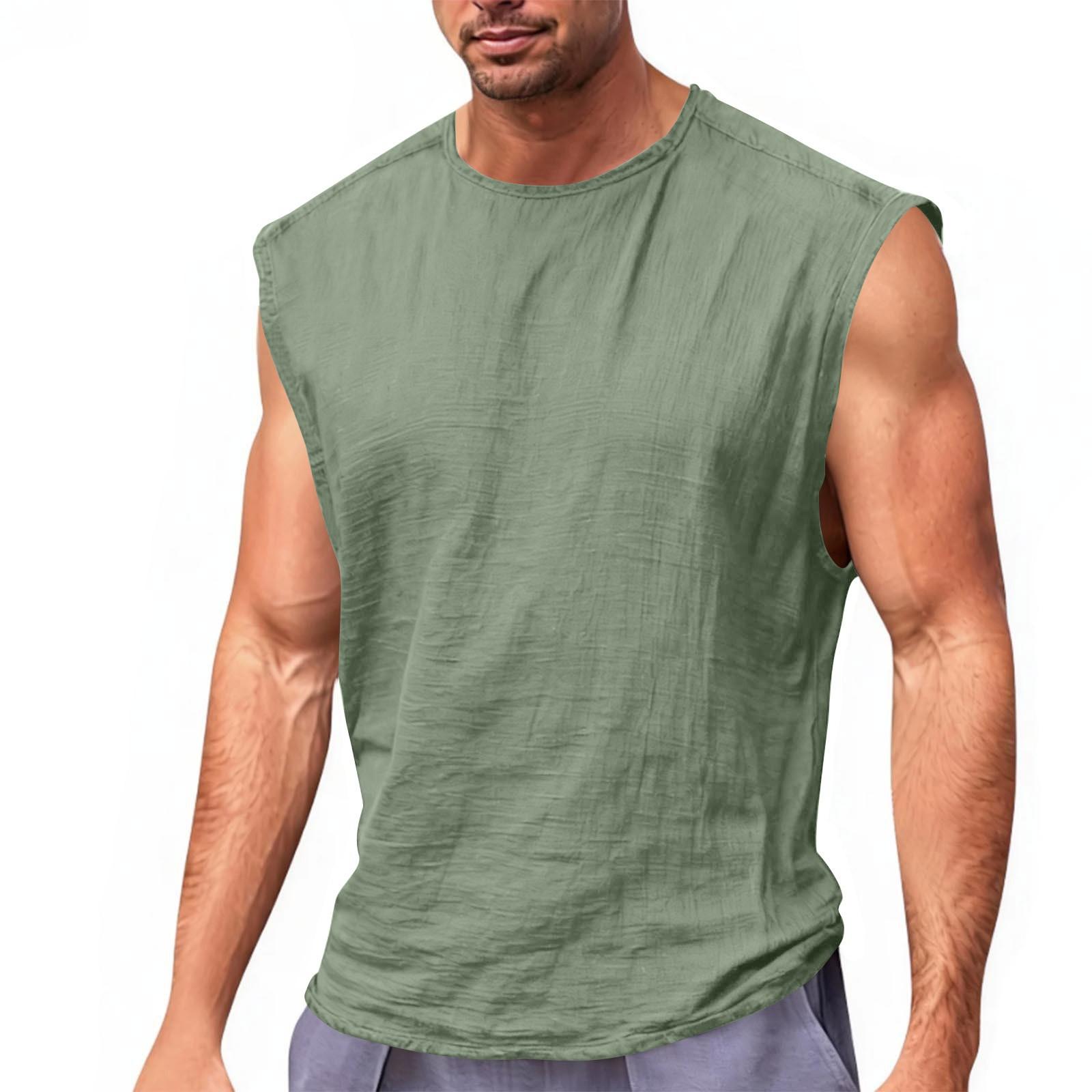 Men s Sleeveless Summer Fitness Running Outdoor Casual Sports Top Cotton-Linen Vest XL зелёный