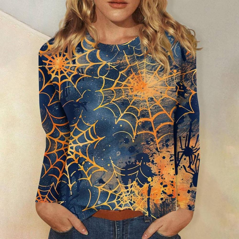 Fashionable 3D digital printed Halloween bat pattern women's round neck long sleeved T-shirt