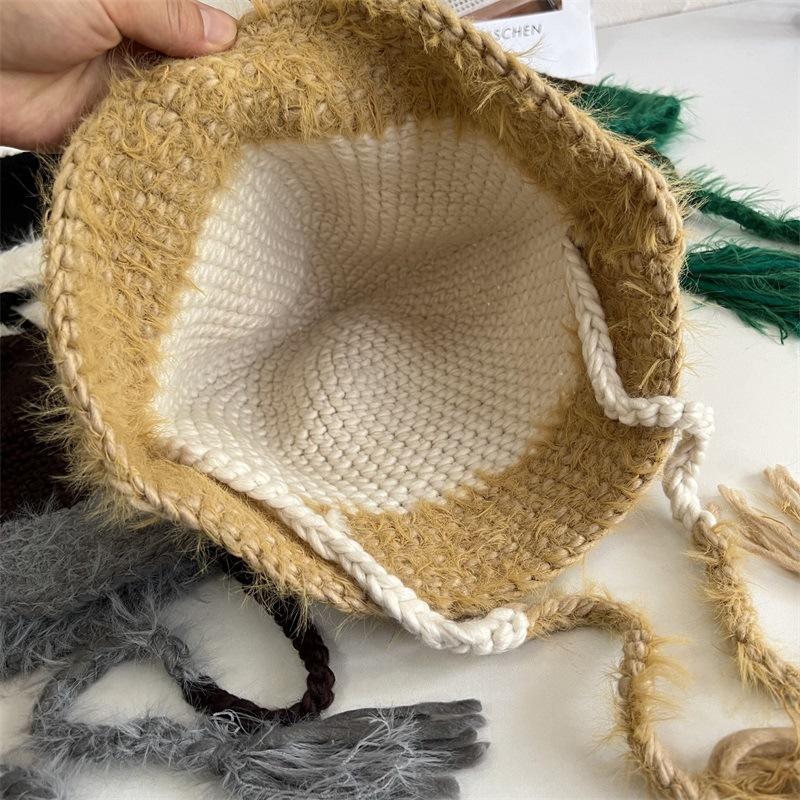 Winter women's color matching straps cute travel warm knitted hat imitation rabbit fur fashion wool hat