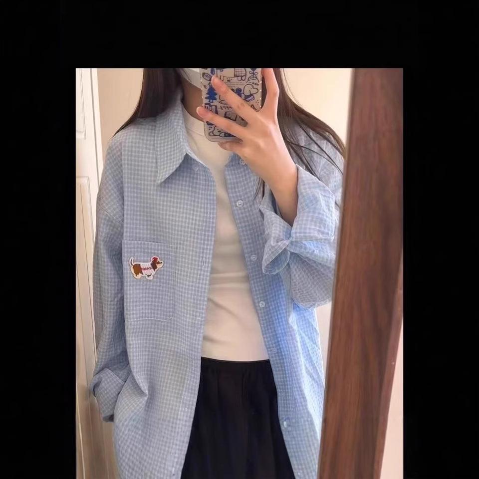 2025 Spring/Summer Women's Embroidered Plaid Shirt: Trendy Loose Layering Jacket