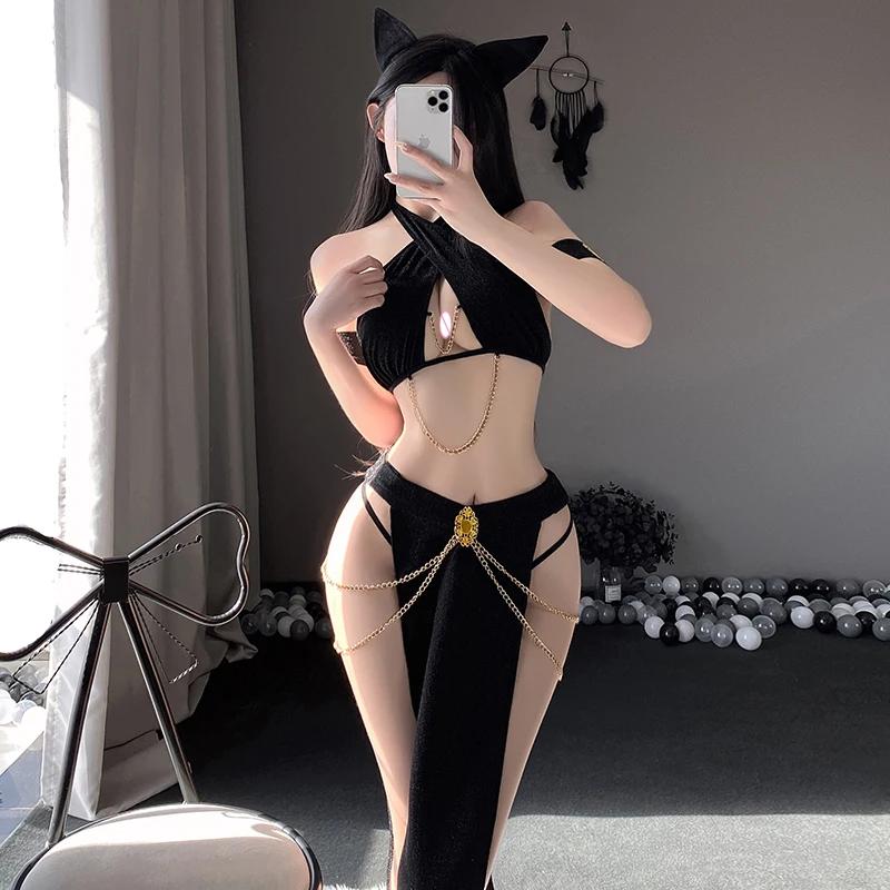 Cat Cosplay Costumes Black Halter Hollow Top with Long Skirt Golden Chain Set Babydoll Women Sexy Lingerie Erotic Costume