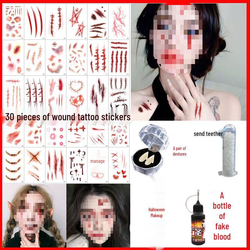 Halloween Makeup: Horror Scars, Fake Teeth, Little Tiger Teeth, and Blush Tattoo Stickers for Party Decoration