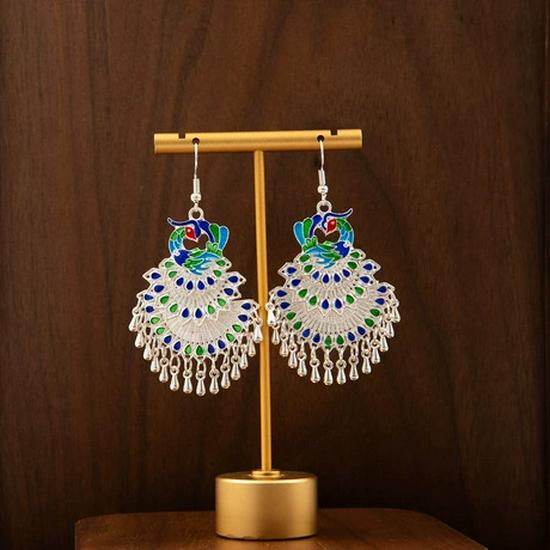 Peacock Tassel Earrings with Hollow Leaf Design in Retro Ethnic Style Imitation Silver for Women