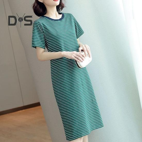 Damen Casual Gestreiftes Mittelkleid Kurzarm Locker Rundhals Sommer Leicht Bequem Büro Strand Partykleid