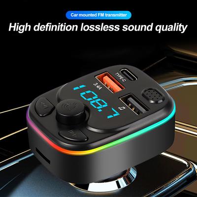 Car FM Transmitter Bluetooth 5.0 Type-C Dual USB 3.4A Fast Charger With LED Backlit Atmosphere Light MP3 Player Lossless Music