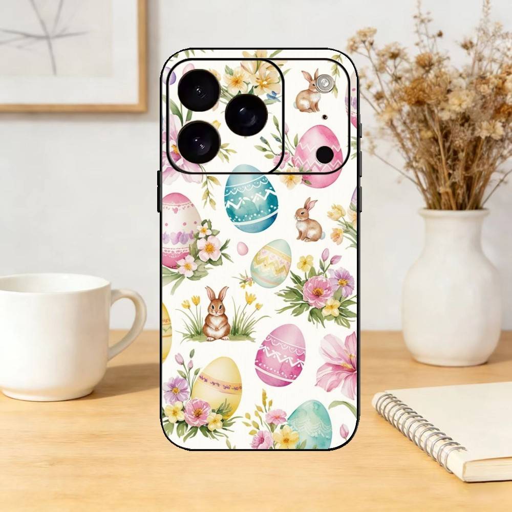 Easter Bunny And Eggs Phone Case For iPhone 17,16,15,14,13,12,11 Plus,Pro Max,SE4Soft Silicone Black Cover
