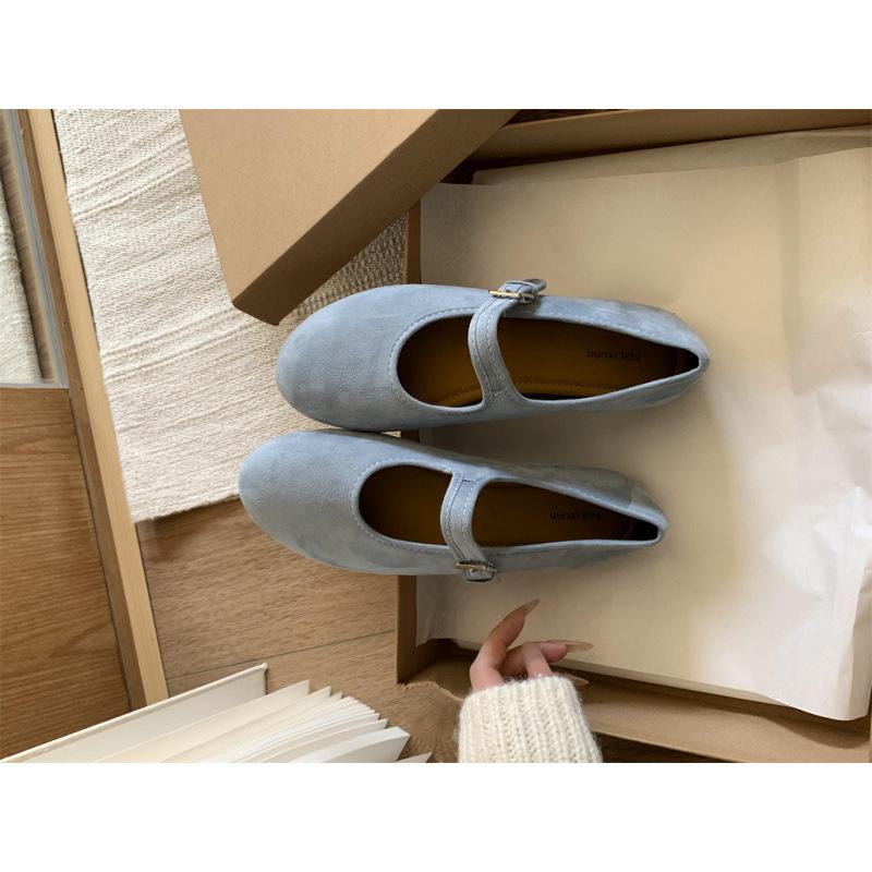 Round head light mouth shoes suede ballet single shoes early spring buckle belt Mary Jane flats ladyshoes